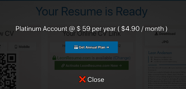 Activate platinum plan with resume website. 